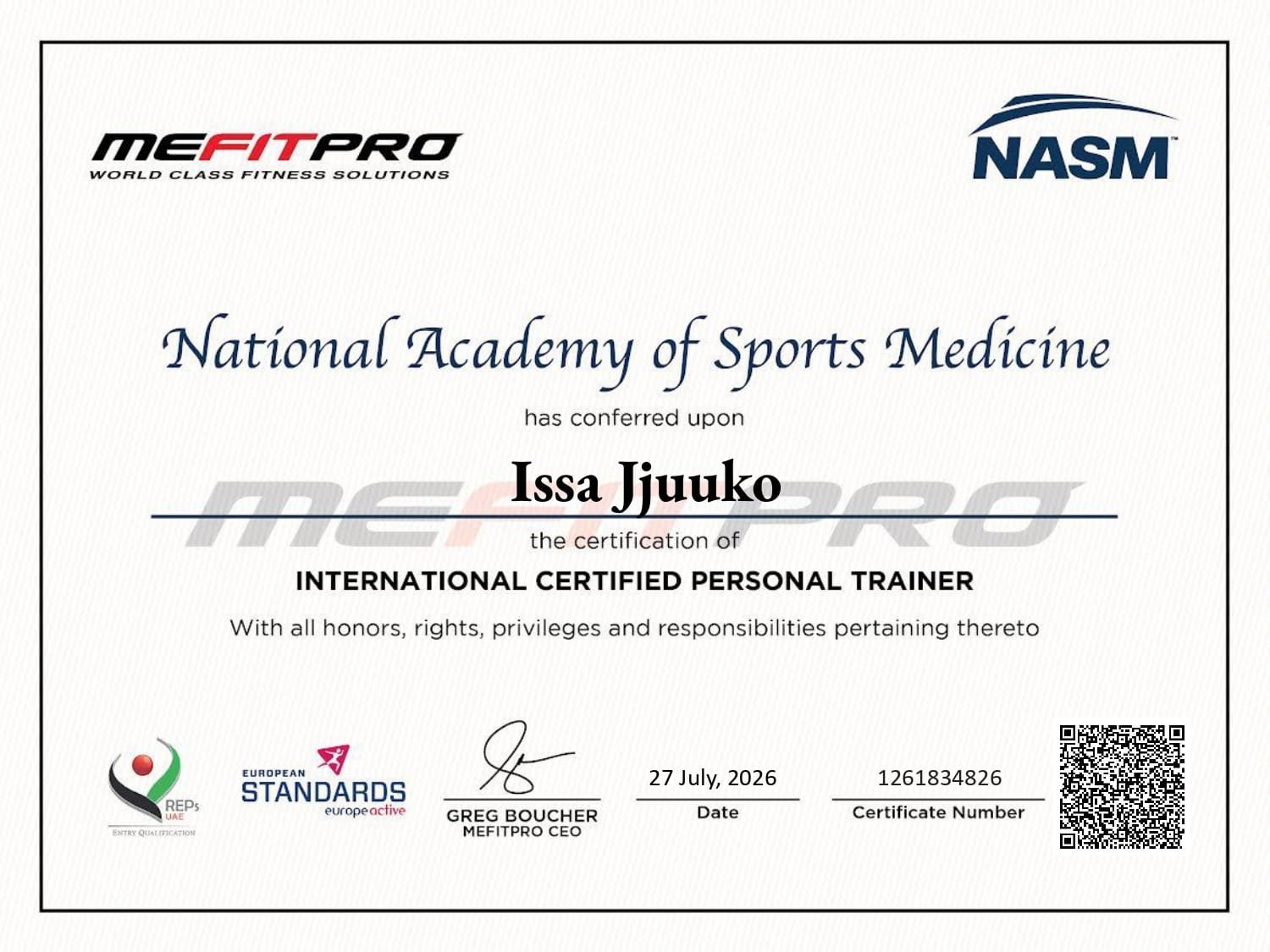 NASM Certified Personal Trainer certificate